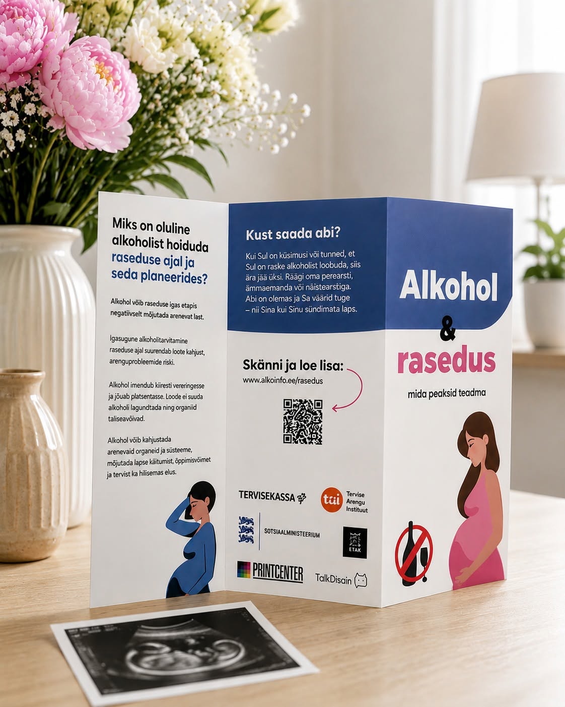 Infovoldik „Alkohol & rasedus – mida peaksid teadma“ avatuna laual.